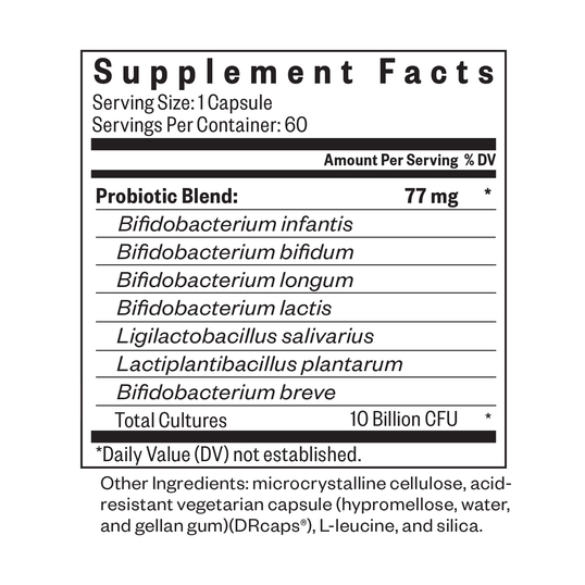 Supplement facts label for a probiotic blend on a white background