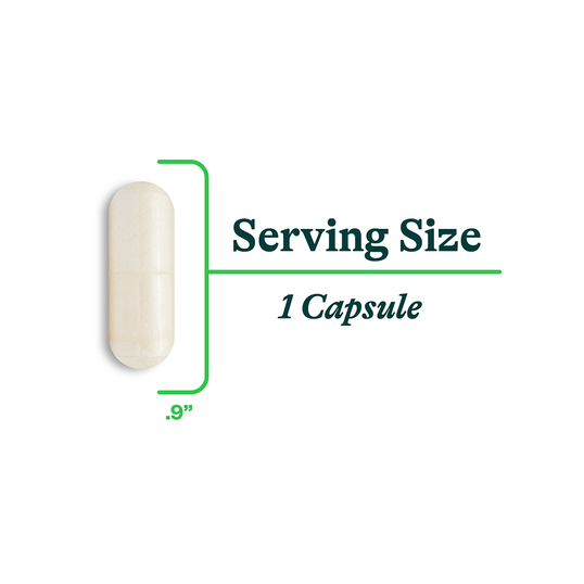 A diagram for ProBiota HistaminX  showing a single, off-white capsule next to a line indicating its length is 0.9" and text that says "Serving Size 1 Capsule".