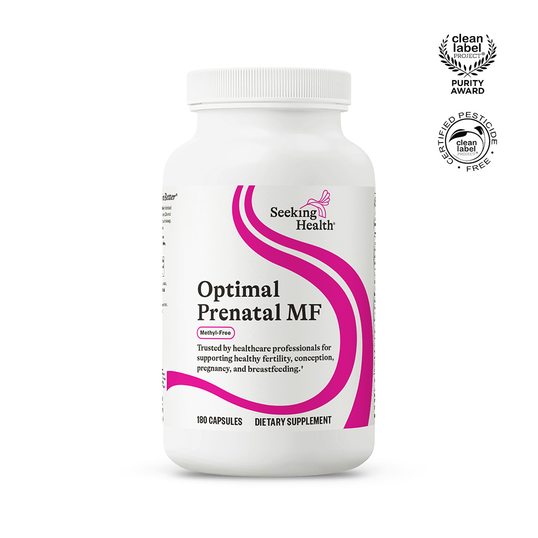 Supplement bottle labeled 'Optimal Prenatal MF' by Seeking Health on a white background