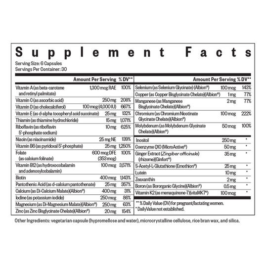 Supplement facts label with detailed nutritional information on a white background