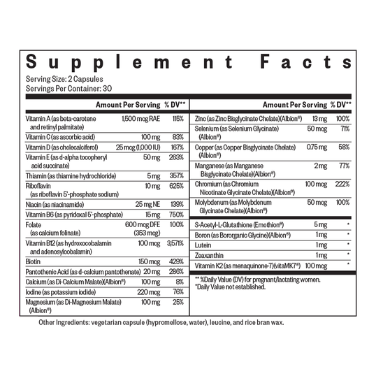 Supplement facts label with detailed nutritional information on a white background