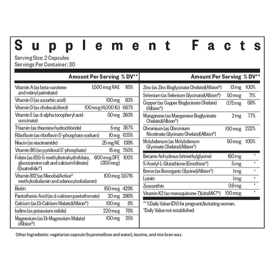 Supplement facts label with various vitamins and minerals listed