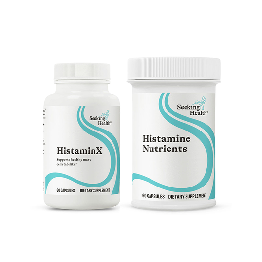 Two white bottles with blue and black text, labeled 'HistaminX' and 'Histamine Nutrients', each indicating 60 capsules and made by Seeking Health.