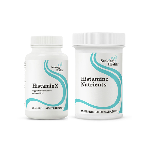 Two white bottles with blue and black text, labeled 'HistaminX' and 'Histamine Nutrients', each indicating 60 capsules and made by Seeking Health.