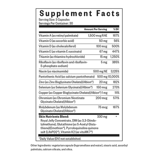 Supplement facts label with detailed nutritional information on a white background
