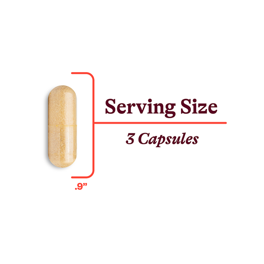 A close-up view of a beige capsule next to measurements indicating it is 0.9 inches long, with the accompanying text "Serving Size 3 Capsules"