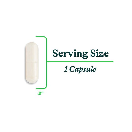 Illustration of a capsule with text indicating 'Serving Size: 1 Capsule' on a white background.
