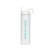 white Water bottle with tag line in blue 