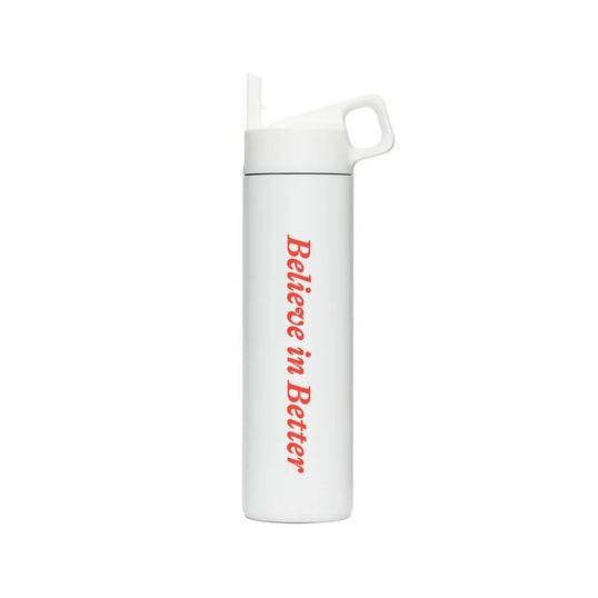 white Water bottle with tag line in red
