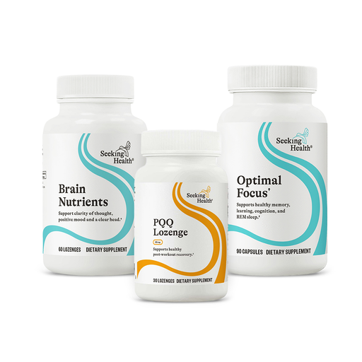 Three dietary supplement bottles labeled 'Brain Nutrients', 'PQQ Lozenge', and 'Optimal Focus' on a white background.