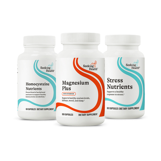 Three supplement bottles labeled 'Homocysteine Nutrients', 'Magnesium Plus', and 'Stress Nutrients' on a white background.