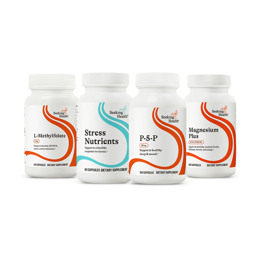 Four supplement bottles labeled 'L-Methylfolate', 'Stress Nutrients', 'P-5-P', and 'Magnesium Plus' on a white background.