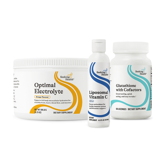 Three dietary supplement containers from Seeking Health on a white background