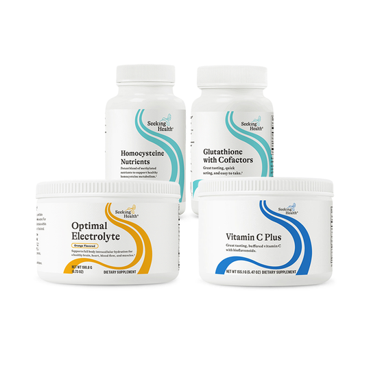 Four supplement containers from Seeking Health on a white background