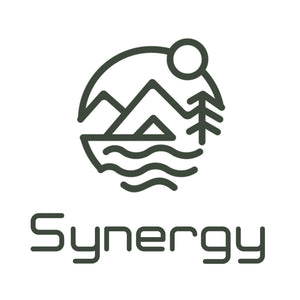 Logo with mountain, sun, and wave design below the word 'Synergy' on a white background