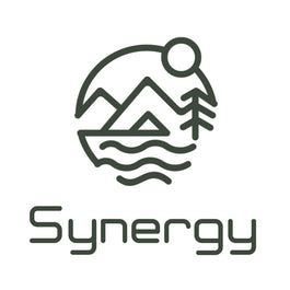 Logo with mountain, sun, and wave design below the word 'Synergy' on a white background