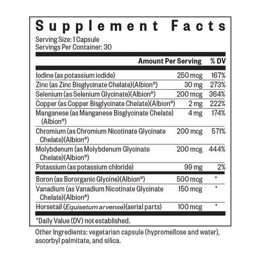 Supplement facts label with various nutrients and their amounts per serving.