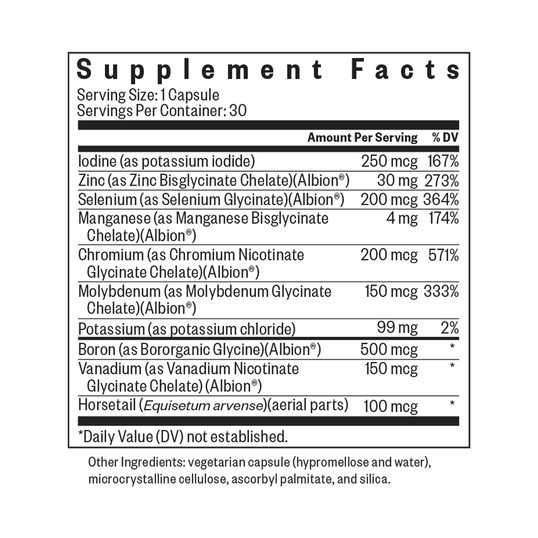 Supplement facts label with various nutrients and their amounts per serving.
