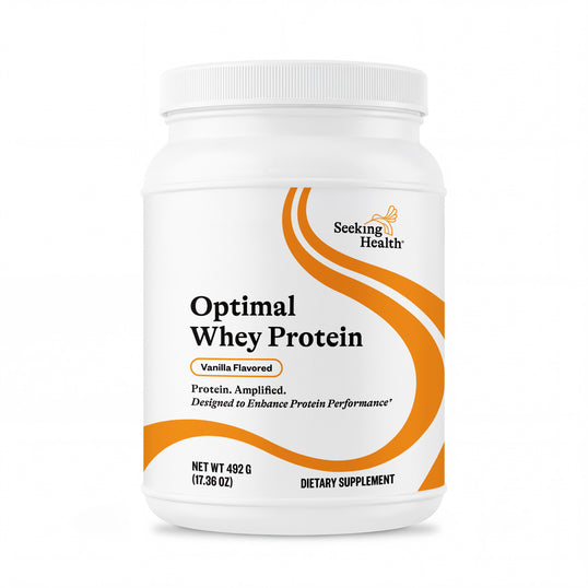 Container of Seeking Health Optimal Whey Protein on a white background