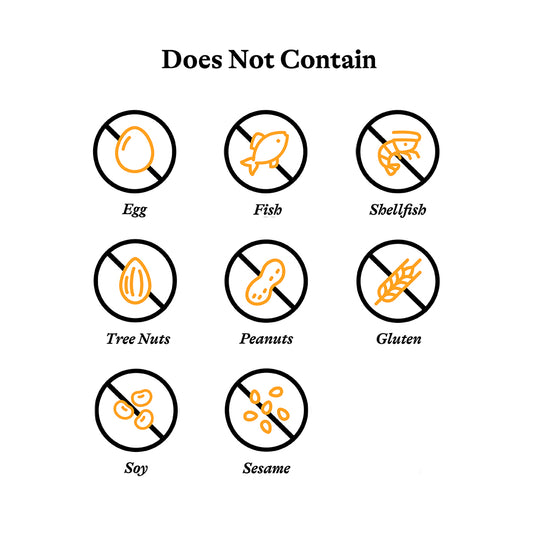 Allergen symbols indicating 'Does Not Contain' for various allergens on a white background.