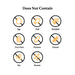 Allergen symbols indicating 'Does Not Contain' for various allergens on a white background.