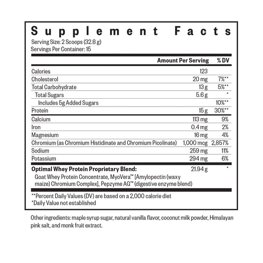 Supplement facts label for a protein product on a white background