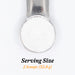 Metal scoop with powder and text indicating serving size on a white background