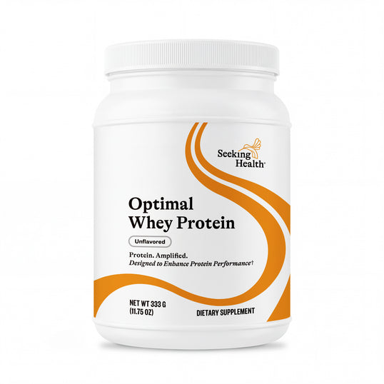 Optimal Whey Protein container with Seeking Health branding on a white background