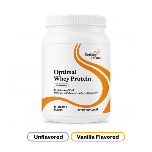 Optimal Whey Protein container with Seeking Health branding on a white background