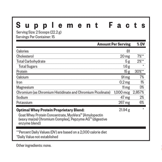 Supplement facts label for a protein product on a white background
