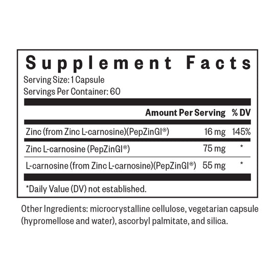 Supplement facts label for a product containing Zinc and L-carnosine on a white background.