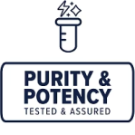 Logo with a beaker icon and text 'Purity & Potency Tested & Assured' on a white background