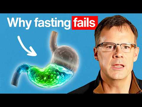 Man with glasses and a stomach illustration labeled 'Why fasting fails' on a blue background
